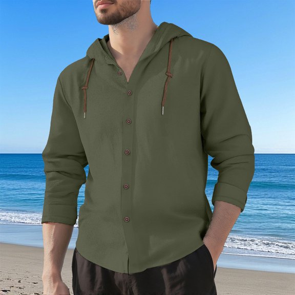 SDNall Men's Hooded Shirt Jacket, Casual Long Sleeve Outdoor Button Up Blouse with Solid Print for Sports and Daily Wear