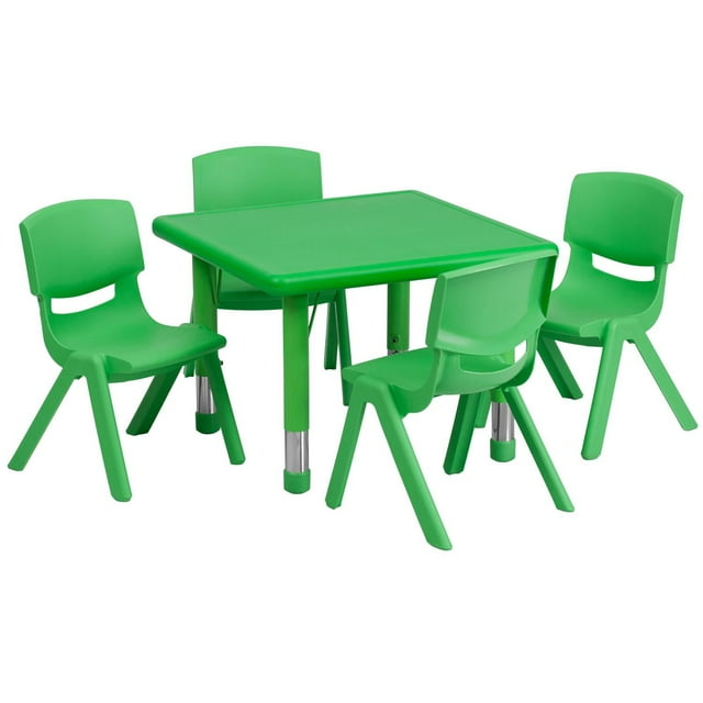 Ensemble de table d’activités carrée de 24 po en plastique vert à hauteur réglable avec 4 chaises