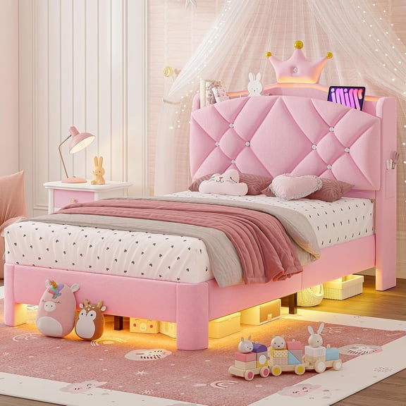 Torveric Twin Size Bed Frame with Headboard, Upholster Platform Bed Frames with LED Lights, Princess Crown Furniture Pink Bedroom Furniture