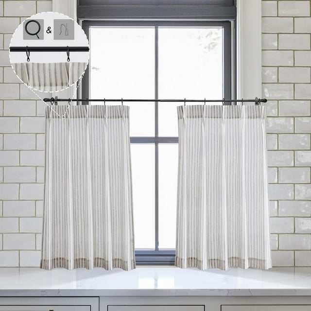 LIMON HOME Cortinas de baño para ventana, cortina plisada rústica con ganchos, anillos de 24.0 in de largo, a rayas, medias cortinas para sótano, sala de estar, privacidad, filtrado de luz, gris sobre