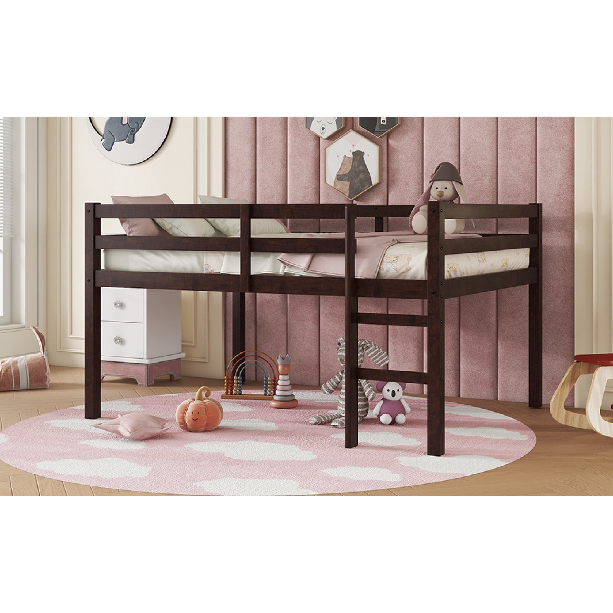 Leumius Full Loft Bed with Ladder, Bed Platform of Strengthened Slats Solid Wooden Bed for Boys Girls Espresso