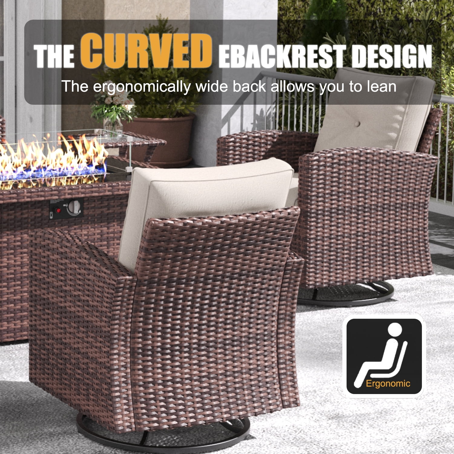 Layinsun 6 Pieces Patio Furniture Set with Swivel Chairs, Rattan Wicker Rocking Glide Chairs with Ottomans Conversation Set