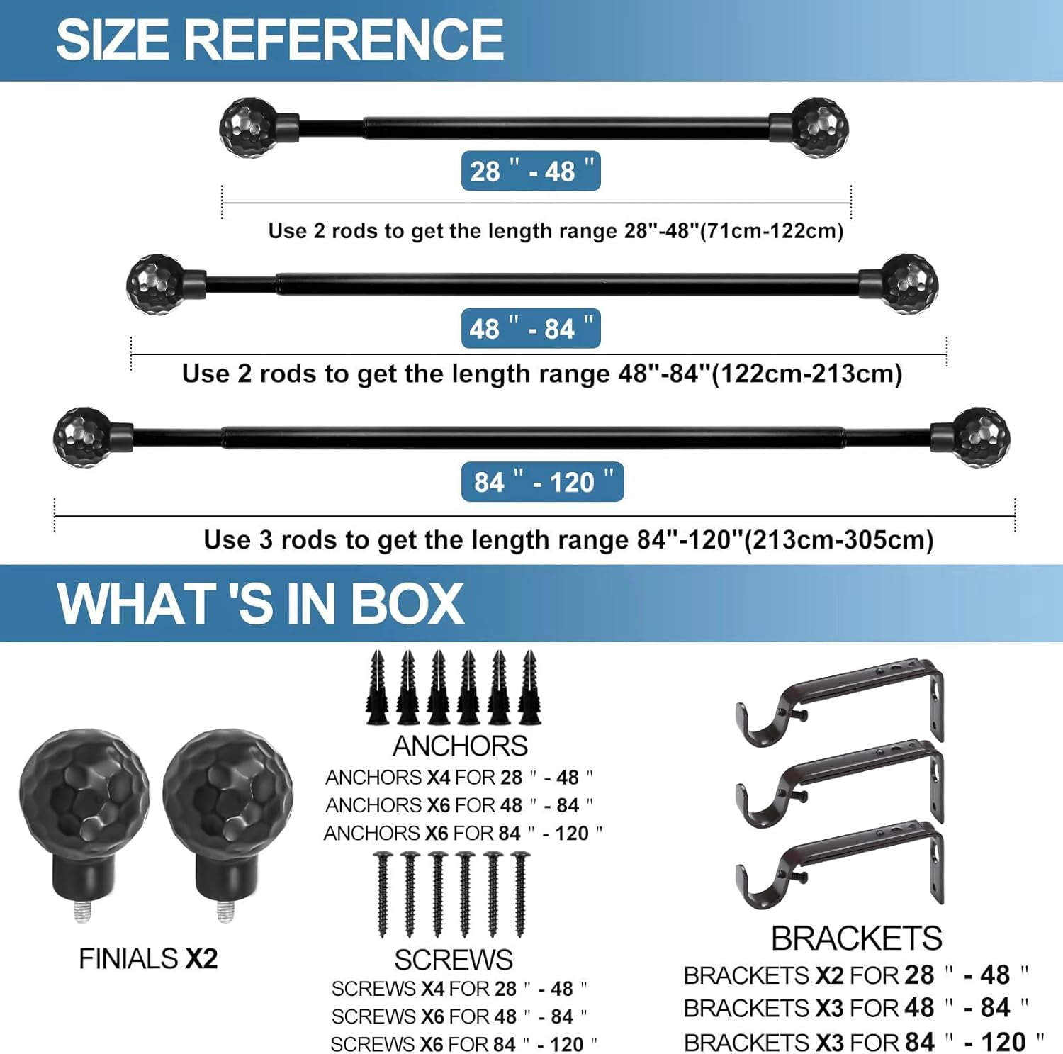 Urbanest Adjustable Single Curtain Rod Set Hammered Ball Finials – 3/4-Inch Diameter, With Black Rod, 28–48 Inches