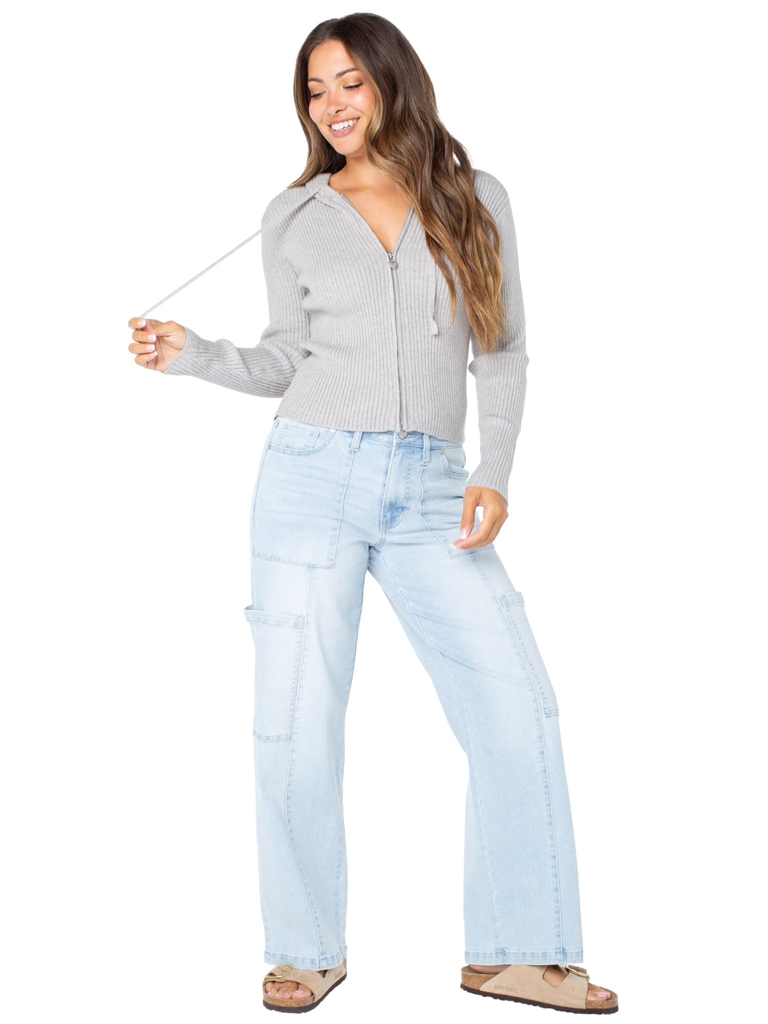 Celebrity Pink Zip Front Ribbed Sweater Hoodie, Women's