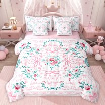 jejeloiu Cute Bowtie Ribbon 7 Pieces Bedding Comforter Set,Rustic Flowers Full Bedding Set,Retro Damask Floral Fitted Sheet Flat Sheet For Girls Kids,Microfiber Bedroom Decor Reversible