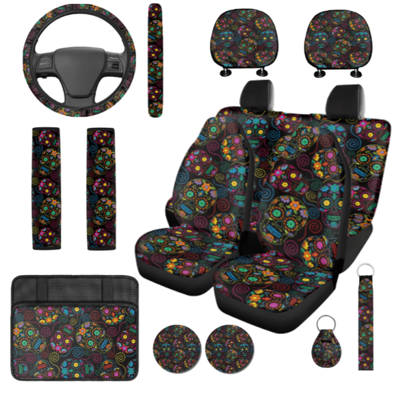 HUIACONG 14 Pack Sugar Skull Car Seat Cover Set, Smooth Skin Friendly Car Interior Accessory Kit, Suitable for Small Car Sedan Truck