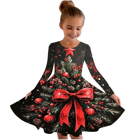 SuTry Girls Christmas Printed Long Sleeve Twirly Skater School Recital Dress Long Sleeve Round Neck Dress for Kids 4-15 Years(Multicolor,12-13 Years)