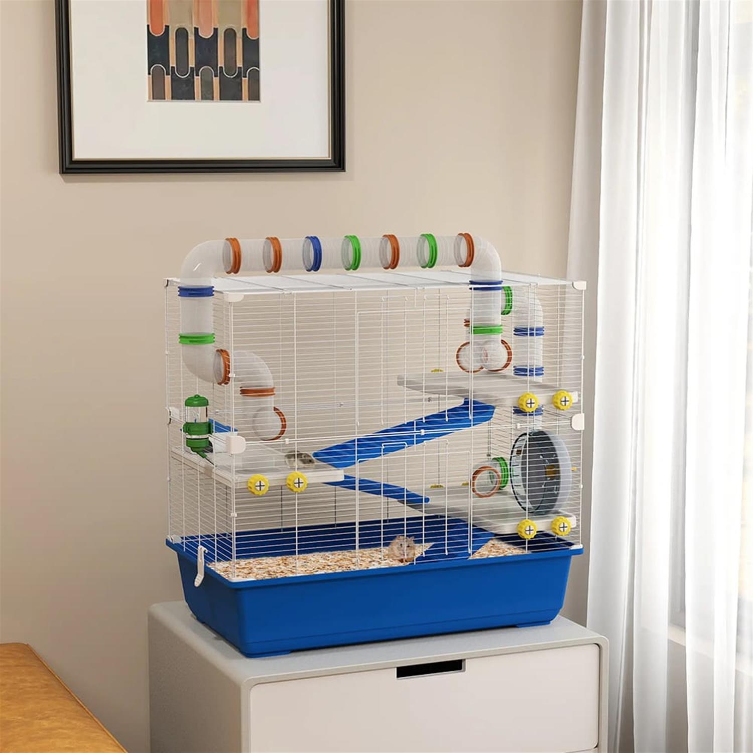 resenkos 30" Large Hamster Cage, Gerbil Cage with Tubes and Tunnels for Syrian Gerbil, 4 Tiers Small Animal Habitats Exercise Wheel, Water Bottle, Blue