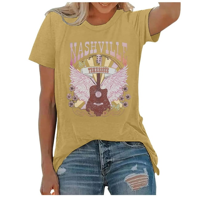 WEIYLL T-Shirts pour Femmes Musique Country Vintage Imprimé Graphique Manches Courtes Tee Jaune Clair Tailles TTG