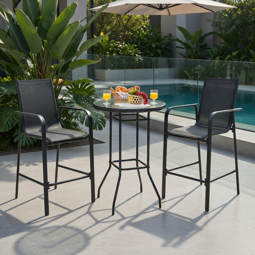 Hommoo 3-Piece Outdoor Patio Bar Set, Steel Frame with Tempered Glass Table & Fabric Stools for Backyard, Poolside & Garden, Black