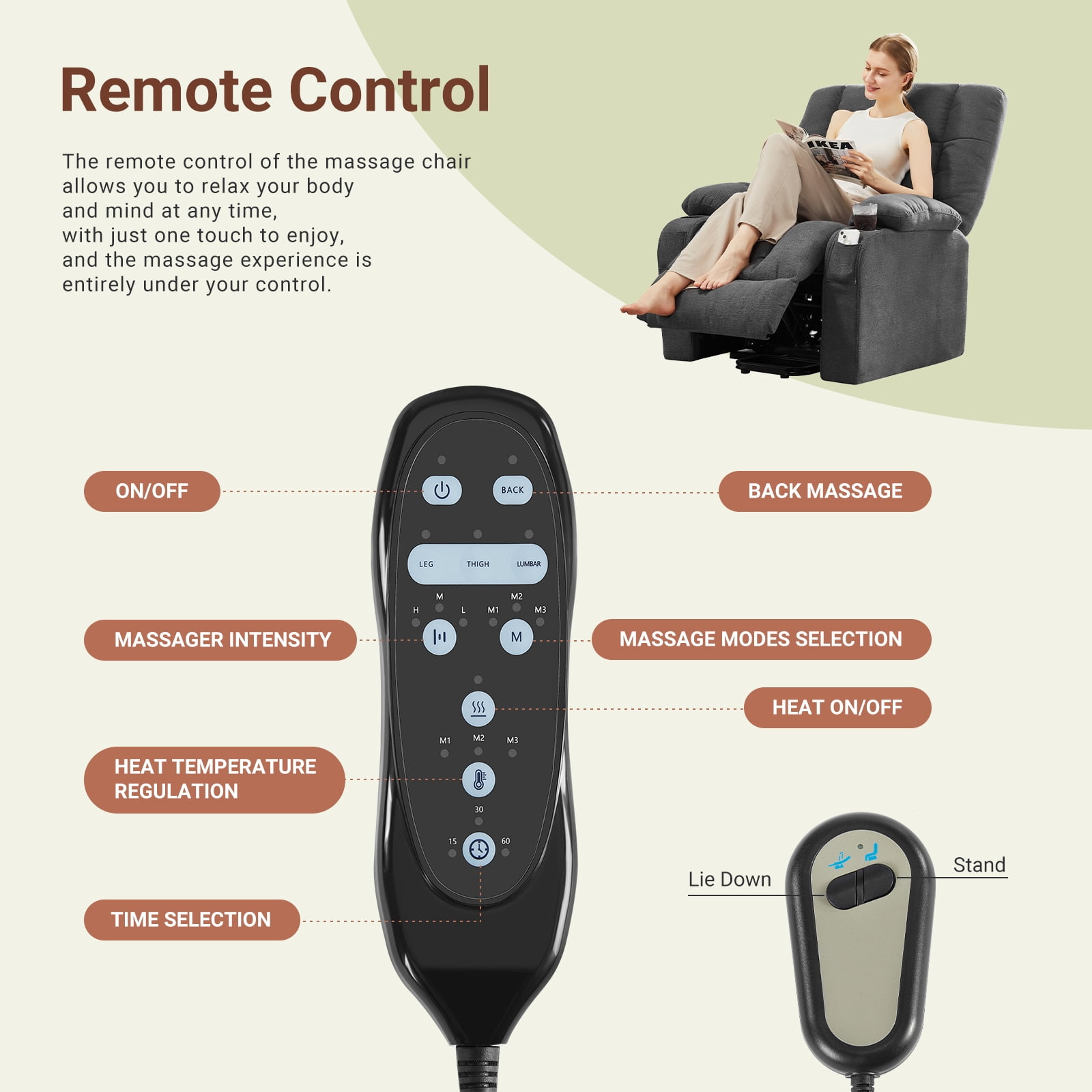 CONCETTA Elderly Recliner with Massage and Heating, Home Theater Recliner Chair with Lumbar Support and Remote Control, For Home Office Living Room, Gray