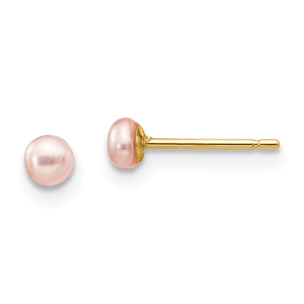 14k Yellow Gold Polished 3-4mm Pink Button Freshwater Cultured Pearl Stud Post Earrings by Madi K 