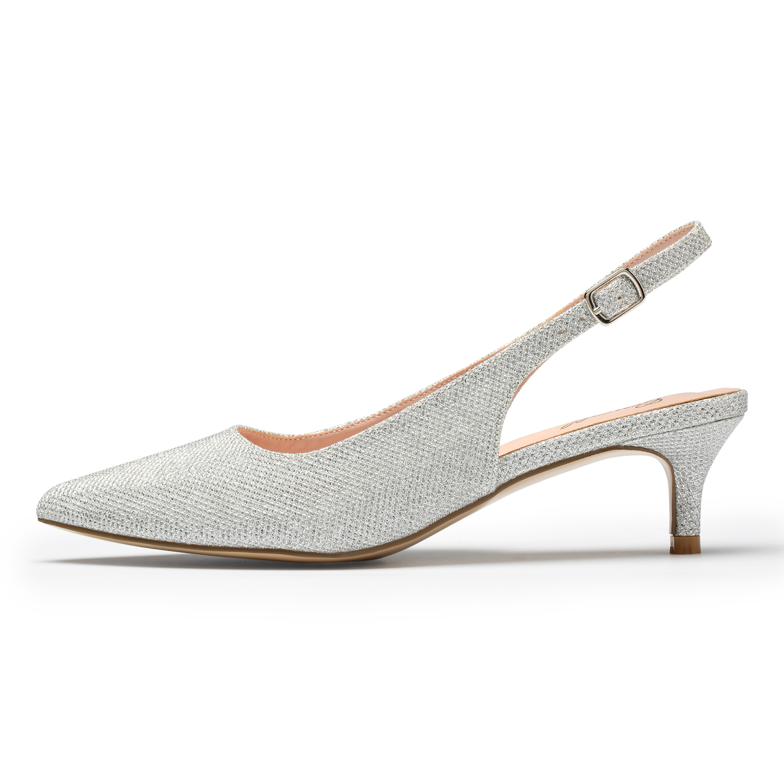 Women's Kitten Heel, Slingback Pointed Toe Ankle Strap Pump Glitter