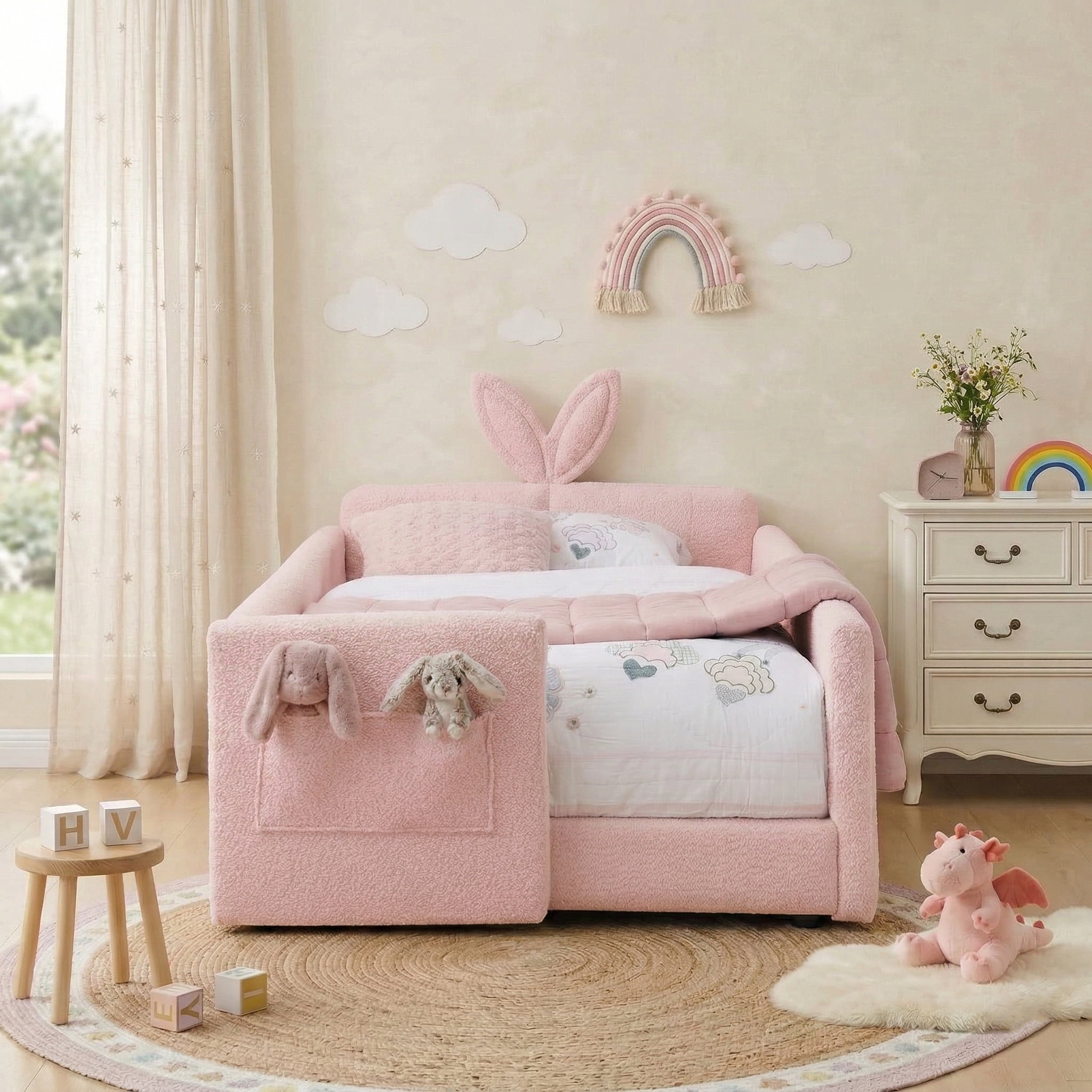 AISWORD Twin Size Kids Bed, Rabbit Ear Headboard, Upholstered Daybed with Slat Support & Side Pockets, Space-Saving Wooden Corner Sofa Bed, Pink