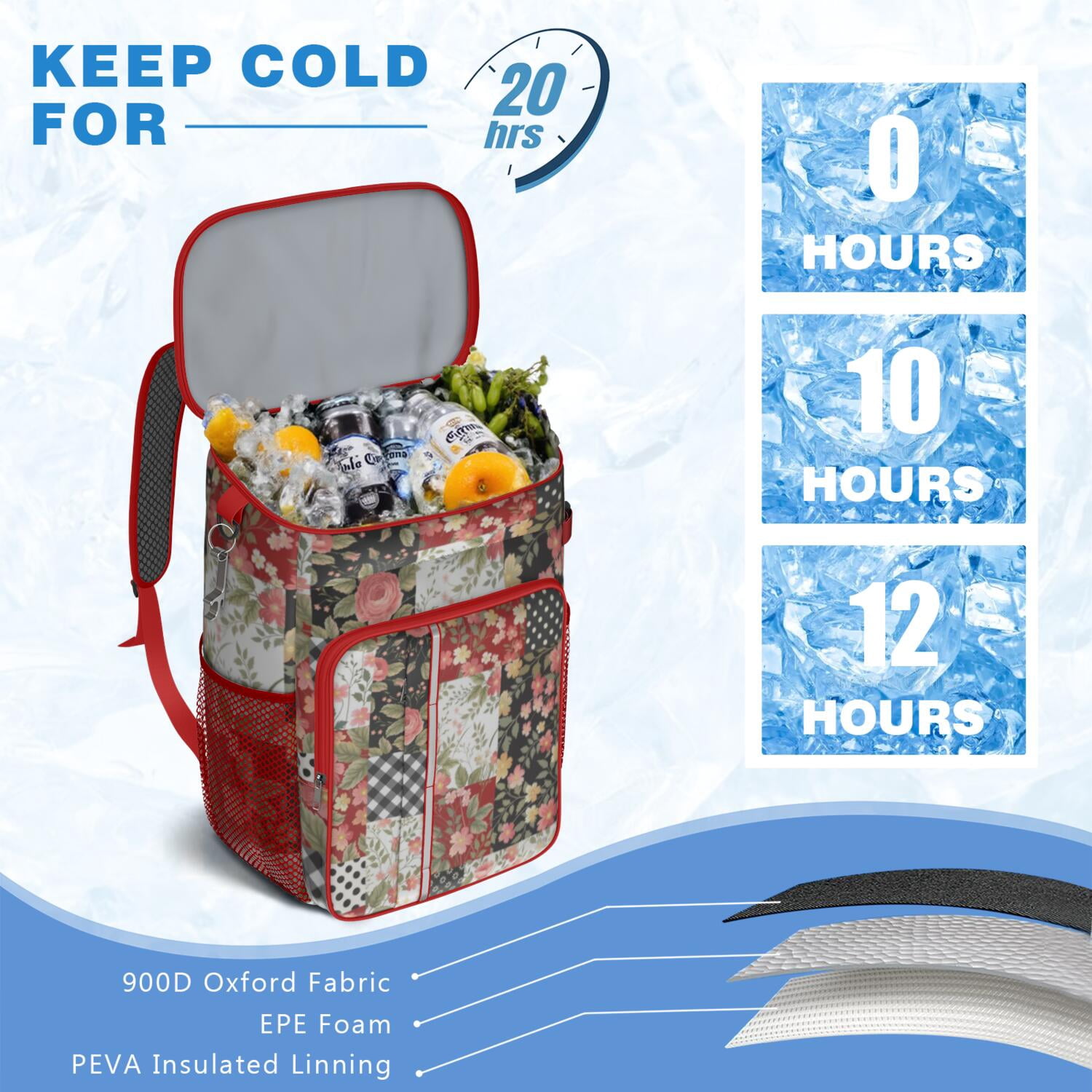 Travel Cooler Bag - Pioneer Flower Floral Print Pattern Camping Beer Cooler Backpack with Bottle Opener- Waterproof Insulated Picnic Backpacks - Cooler Bag for Beach