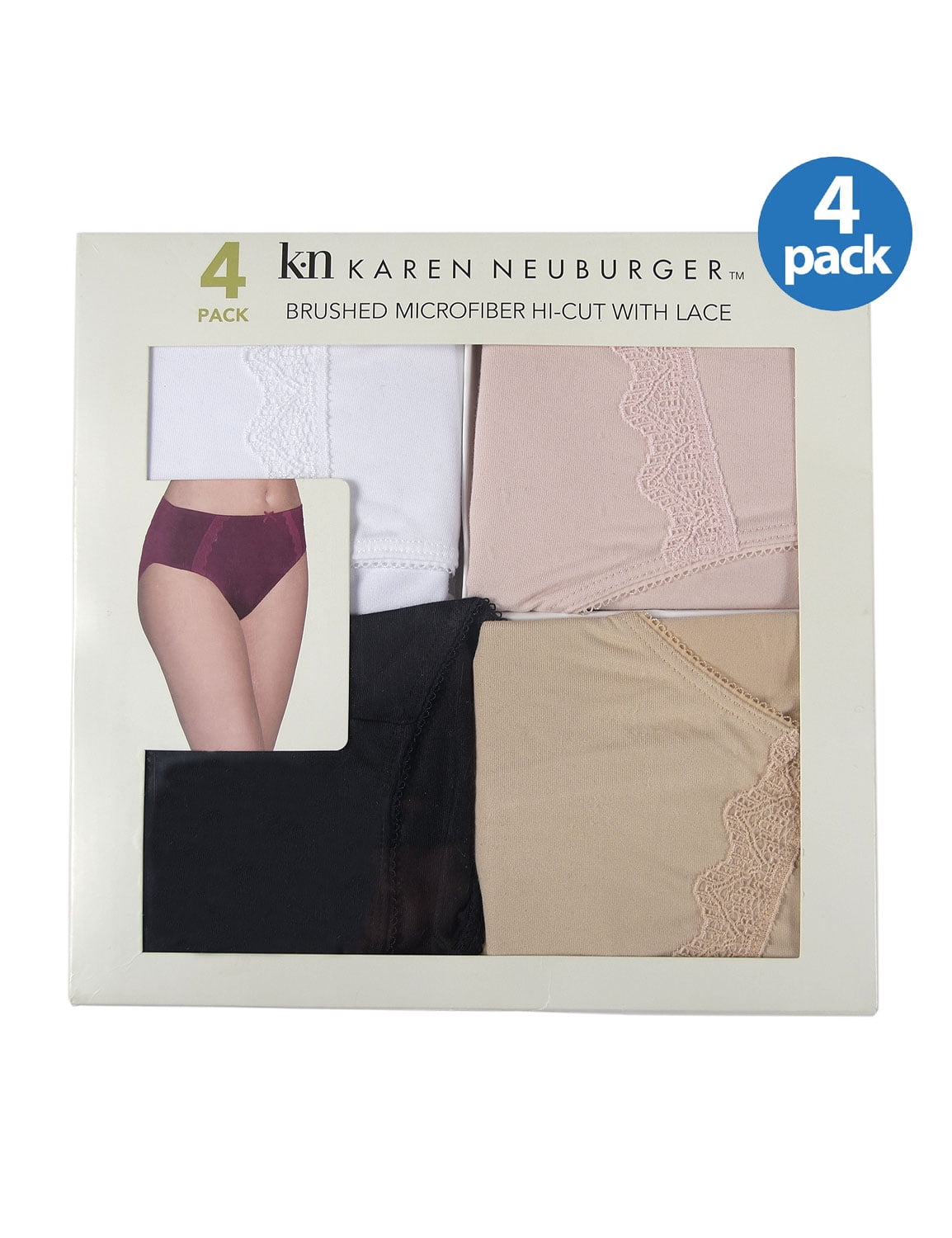 Karen Neuburger Women's Hi-Cut Brushed Microfiber Lace Briefs 4 Pack 