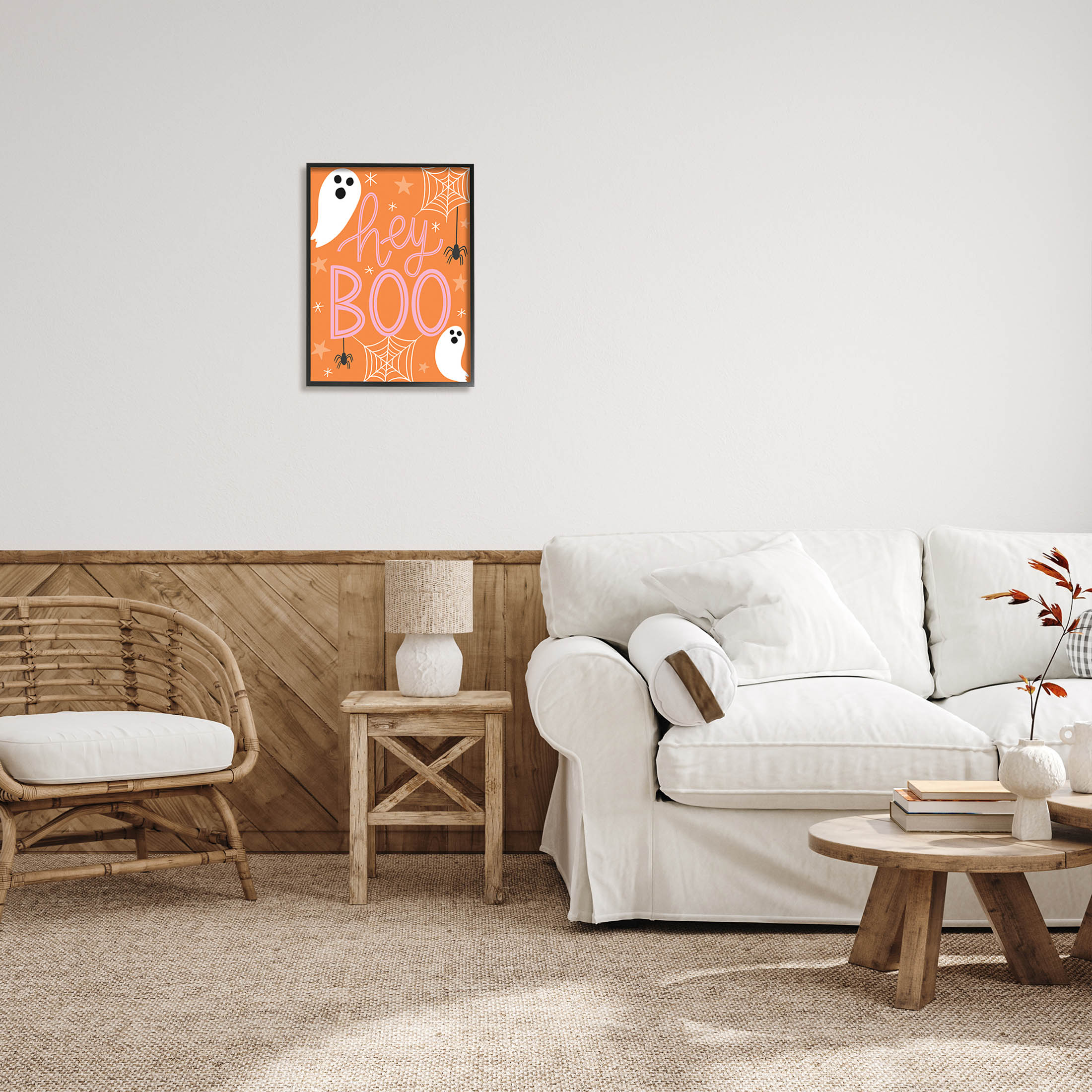 Hey Boo Orange Halloween Ghosts Holiday Graphic Art Black Framed Art Print Wall Art