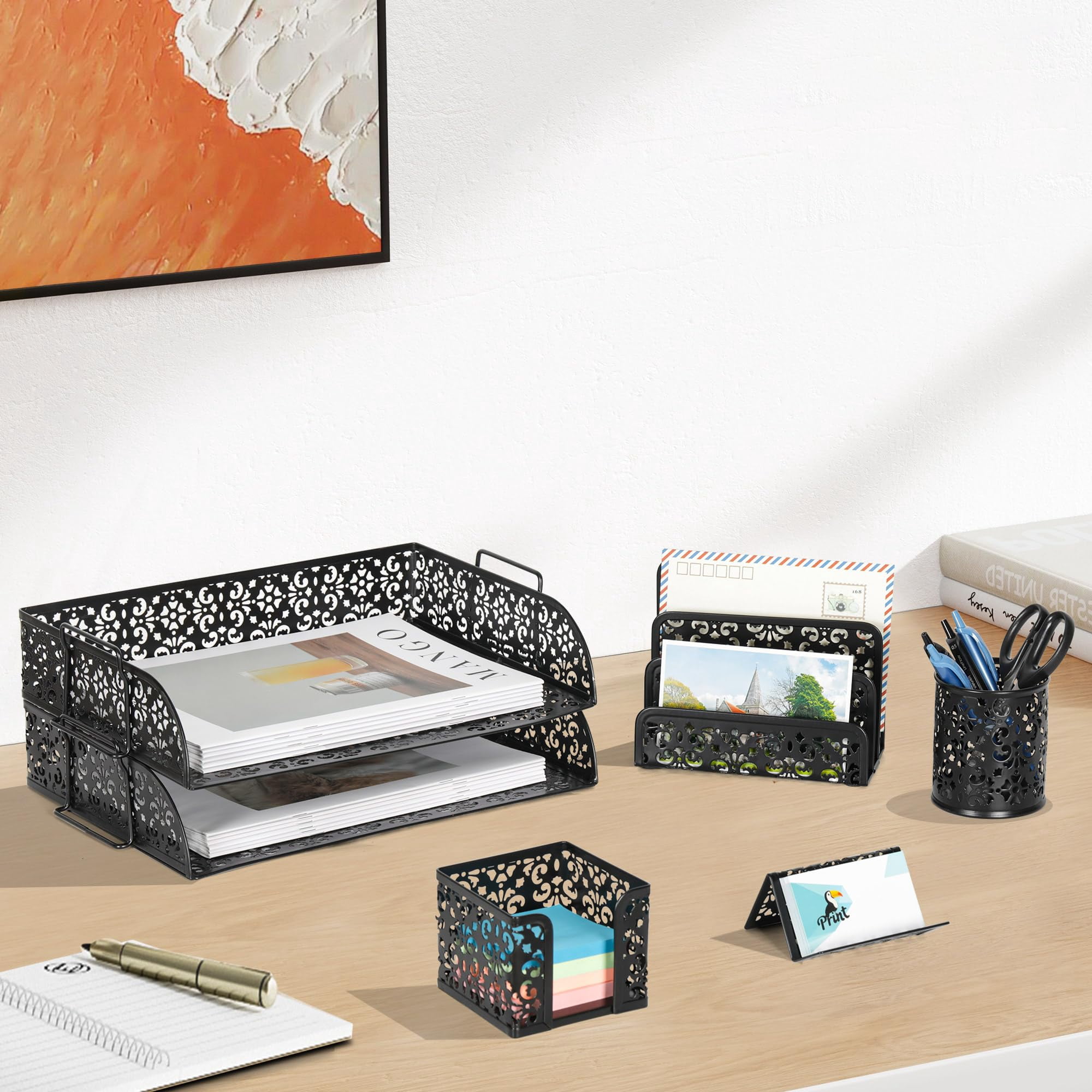 Desk Organizers And Accessories 5 Pieces Office Supplies Set - 2 Tier Paper Tray  Pencil Organizer For Mail Sorter Countertop Business Card Holder Sticky Note Black