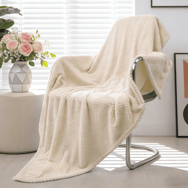 Cobija, Cobija Suave de Jacquard de 260GSM para Sofá, Mantas Peludas de Tejido Waffle para Decoración Del Hogar, Mantas Ligeras y Cálidas para Cama, Sofá, Oficina y Viajes, Beige
