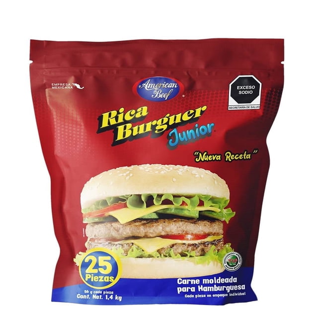 Carne para hamburguesa American Beef Rica Burguer junior 25 pzas de 56 g c/u