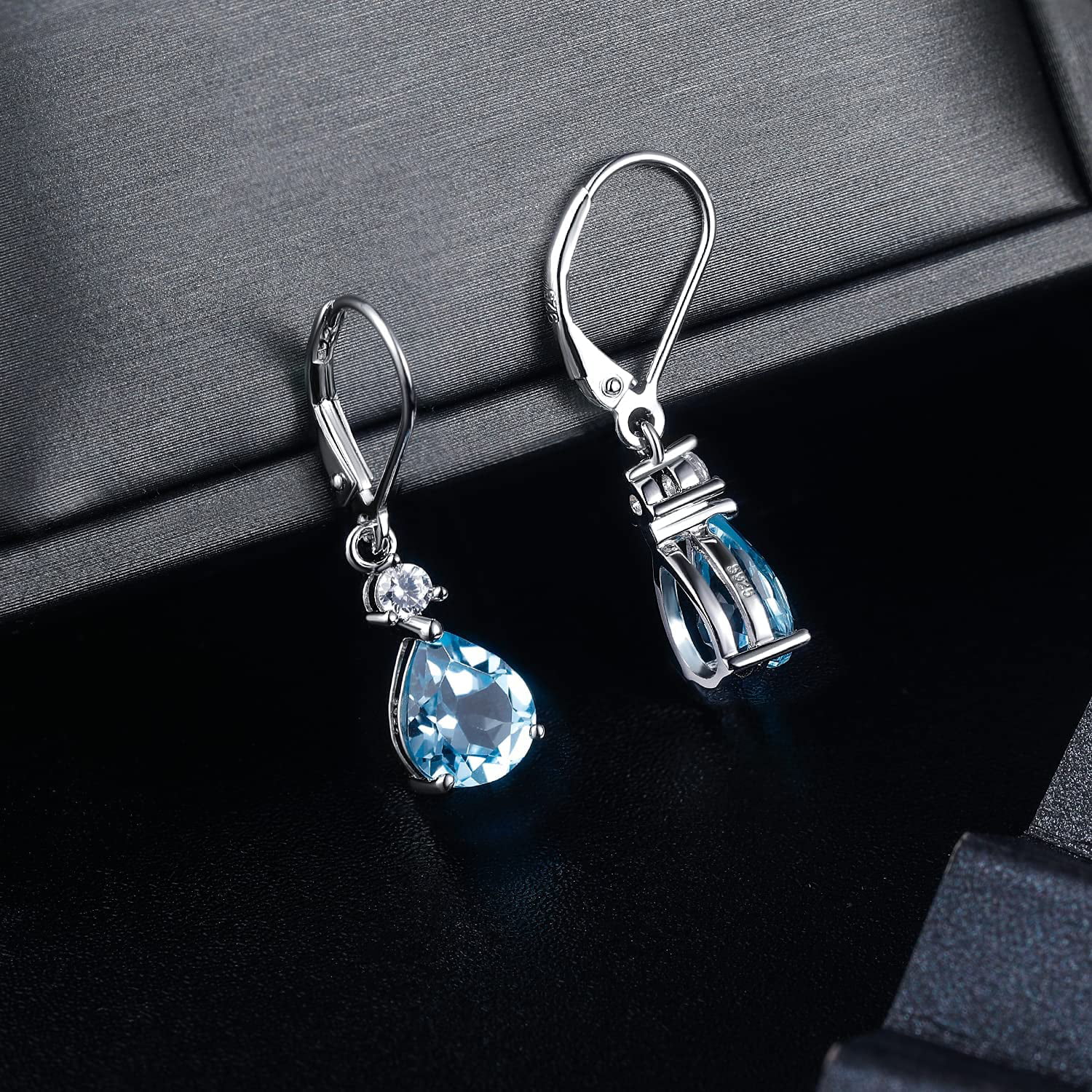 925 Sterling Silver Blue Topaz Teardrop Earrings Drop Dangly Earring Leverback Hypoallergenic Jewelry for Women Girls 