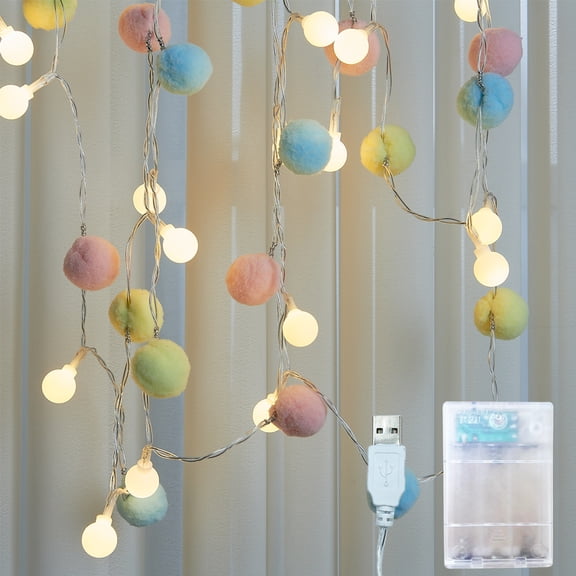 Macaron Pastel Pom Pom LED String Lights, 9.8ft (3M) 20 LEDs, Dual Power (USB & Battery), Soft Pink Blue Yellow Fluffy Fairy Lights for Nursery, Bedroom, Easter, and Spring Decor