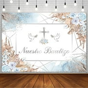 Boho Mi Bautizo Backdrop Nuestro Bautizo Baptism God Bless First Holy Communion Christening Party Decorations Cross Blue Floral Pampas Photography Background Banner Photo Booth Props
