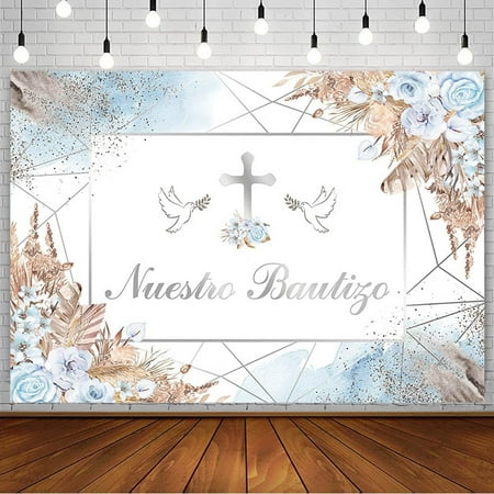 Boho Mi Bautizo Backdrop Nuestro Bautizo Baptism God Bless First Holy Communion Christening Party Decorations Cross Blue Floral Pampas Photography Background Banner Photo Booth Props