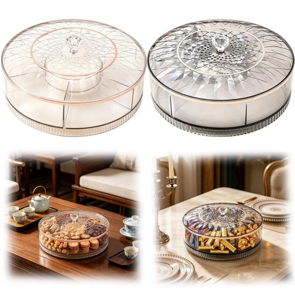 CoreLiving Rotating Divided Serving Tray with Lid and Handle, 7 Compartment Snackle Box Container, Portable Snack Organizer for Fruits, Candy and Veggies, 1 Pack