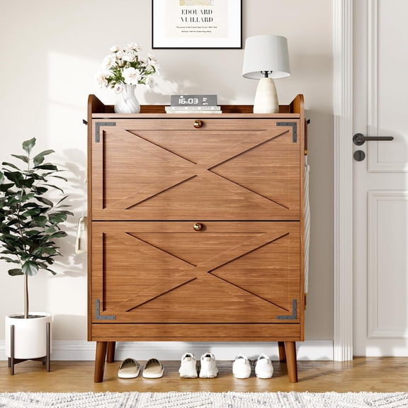 Galenzoov Shoe Cabinet Storage with 2 Flip Drawers, Freestanding Adjustable Shelves Shoe Organizer for Home, Entryway, Apartment, Walnut