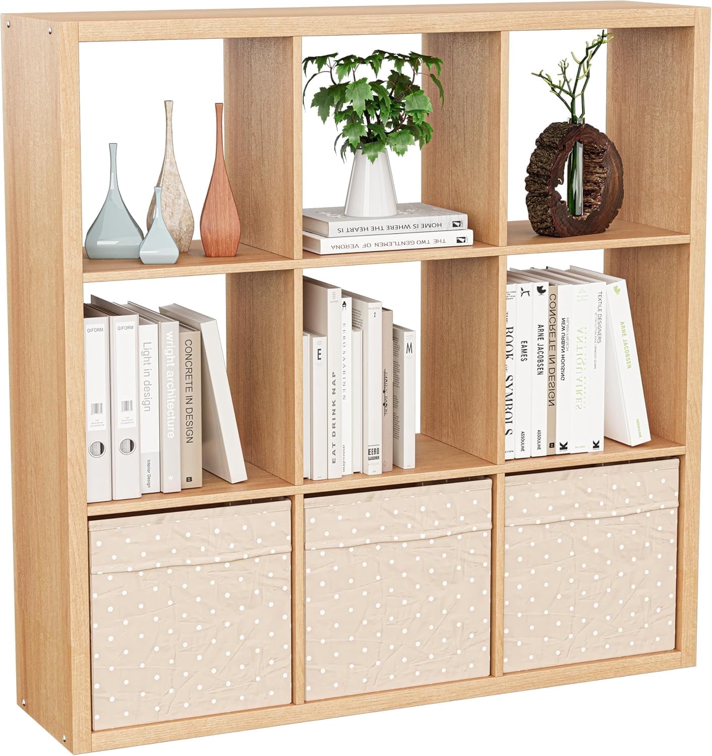 Anhdah 9 Cube Storage Organizer Bookshelf, Natural-Oak Wooden Bookcase Storage Shelf, Sturdy 9-Cube Organizer for Living Room, Bedroom, Home Office, Easy Assembly