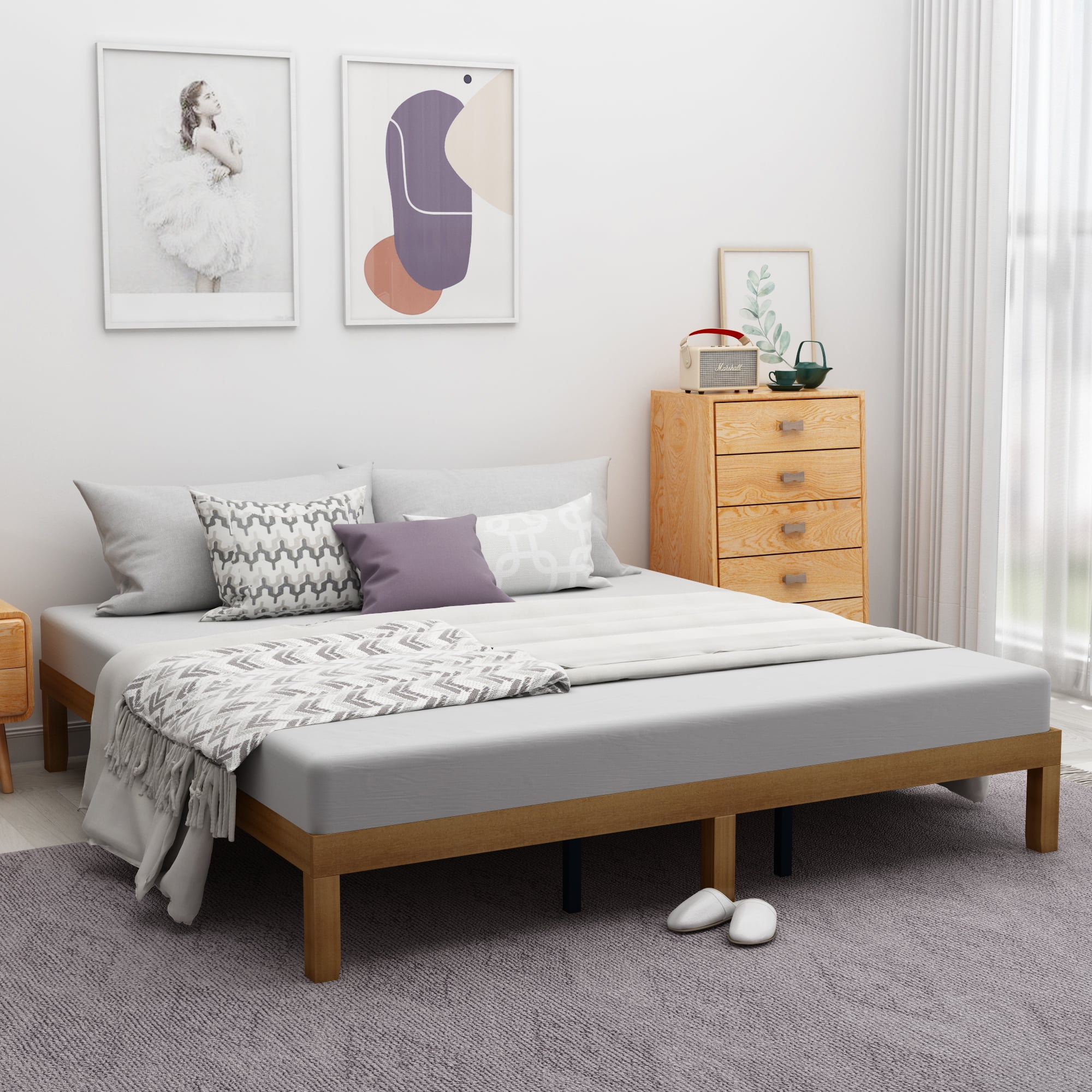 SIBEDS 12 inch Queen Size Bed Frame Solid Wood with Slats, No Box Spring Needed, Heavy Duty 700 lbs, Noise-Free, Easy Assembly, Natural