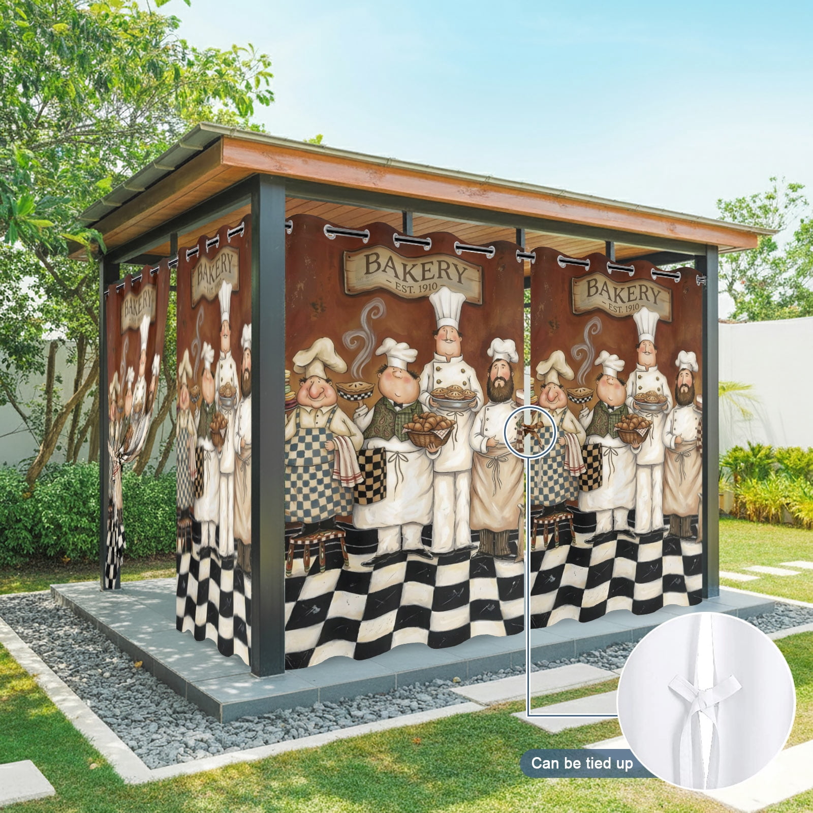 Retro Cartoon Chef Outdoor Curtains for Patio, Vintage Cook Medieval Food Farmhouse Sunshade Privacy Drapes Grommet Waterproof Outside Curtains for Porch/Cabana/Balcony 54"x 108", 1 Panel