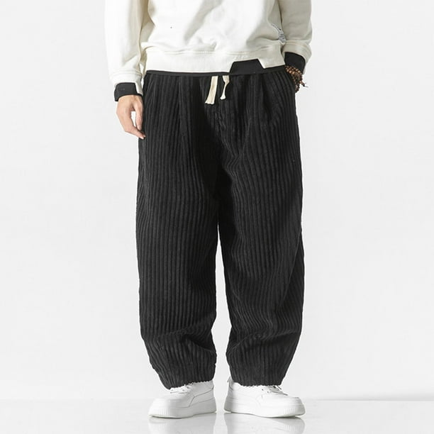 Pantalones largos para hombre, de ocio, de color liso, con botones, cintura elástica y cordón ajustable, de poliéster.