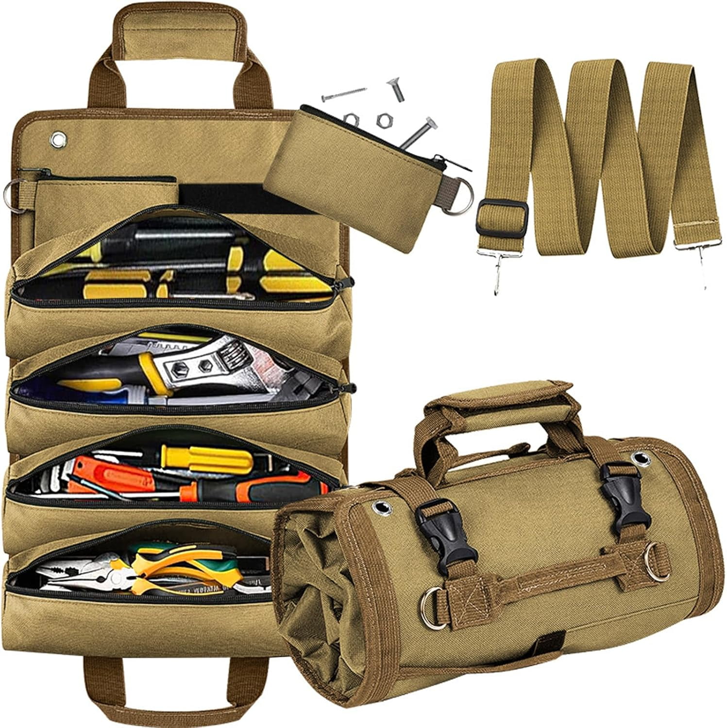 Tool Organizer Bag, Foldable Roll Up Bag Organizer w/ 2 Detachable Pouches, Heavy Duty Tool Storage Organization for Mechanic Carrying Toolbag, Dad Men Birthday Father Day, Gifts for Him (Black)