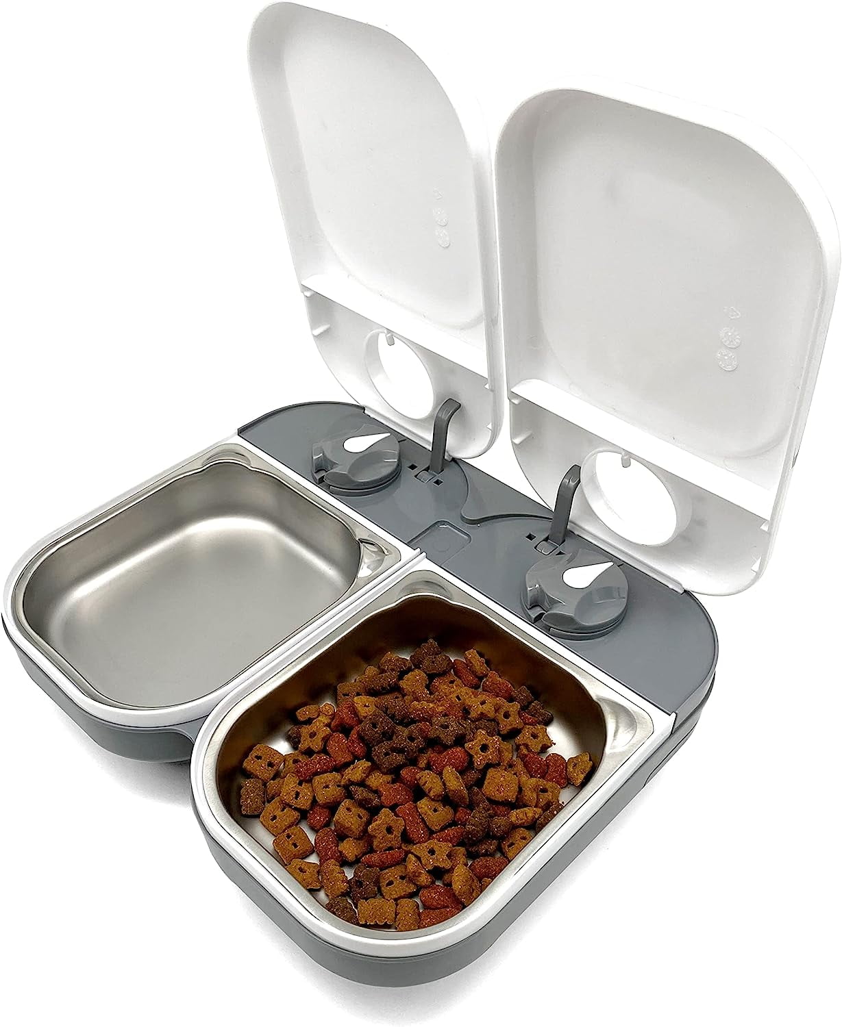 Closer Pets Two-Meal Automatic Pet Feeder – 48-Hour Timer, Dual Stainless-Steel Bowls, Ice Pack for Freshness, Dishwasher-Safe, White