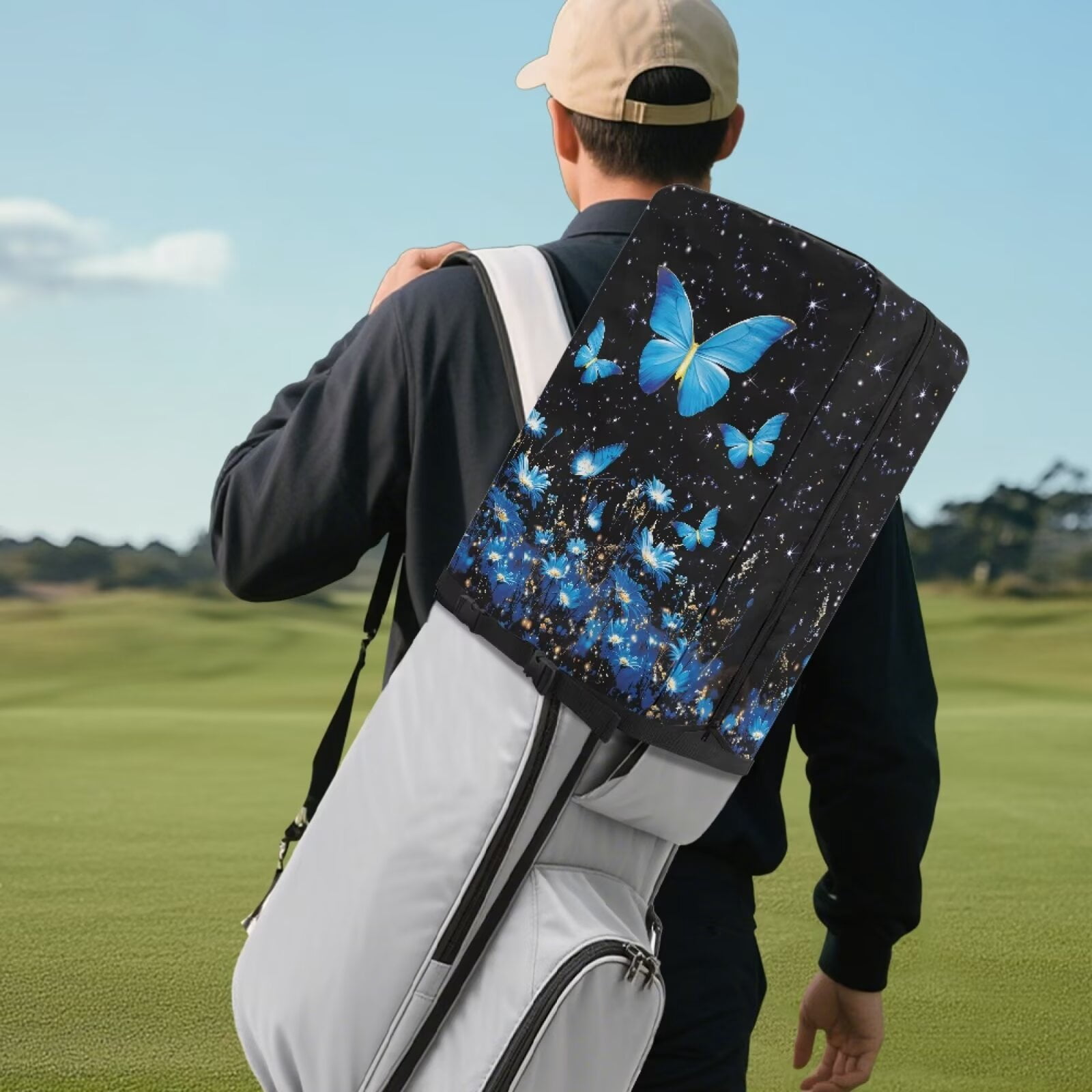 Chririnla Blue Butterfly Floral Golf Bag Rain Cover Waterproof Hood with Snap Button Dust Cover for Clubs Universal Fit for Stand Bags, Cart Bags & Tour Bags