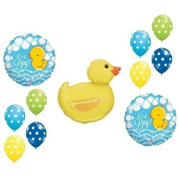 YELLOW DUCK Polka Dots It's a BOY Baby Shower 11 Mylar Latex & Balloons Set