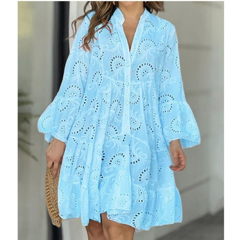 Dresses for Women Solid Lace Flowers Embroidery Dress Crew-Neck Short Sleeve  Elastic Waist Dress Beach Dress Sun Dress Ruffled Flowy Mini Dress 