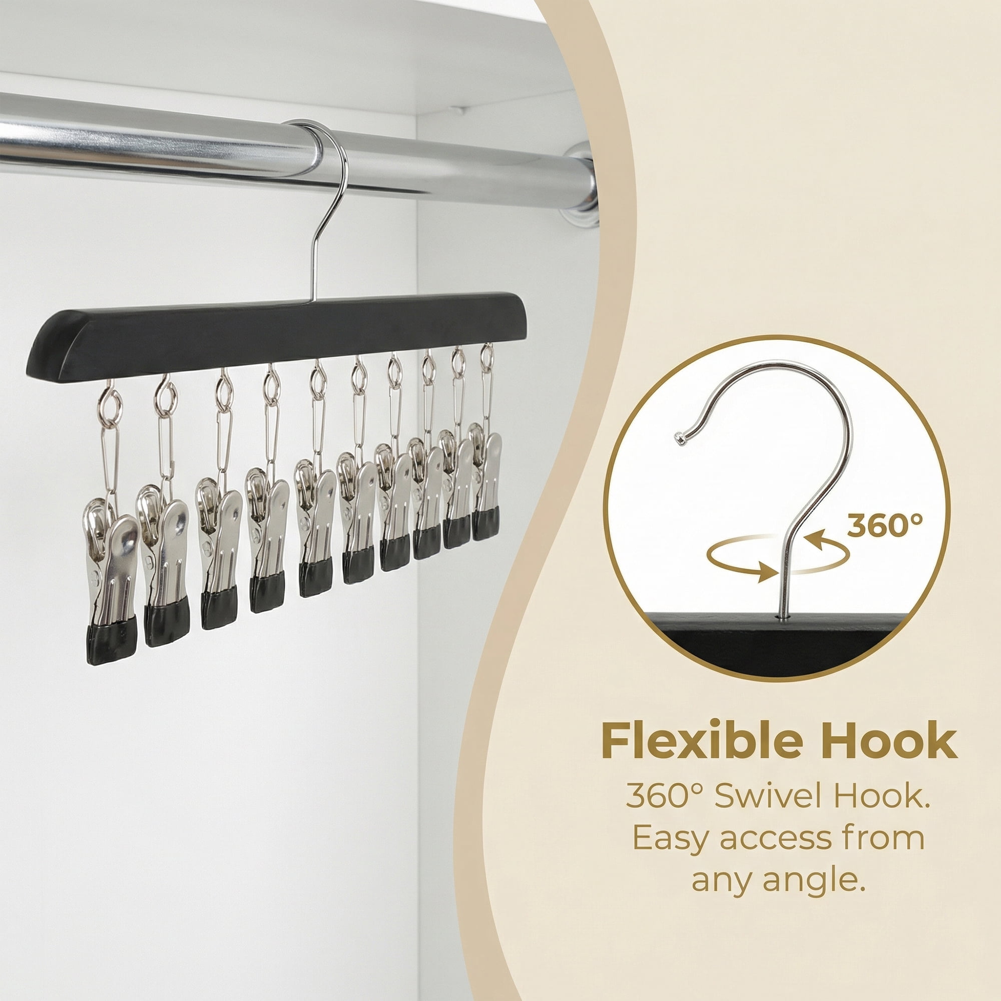 Unique Bargains 2Pcs Wood Minimalist Hangers With 10 Clips Black