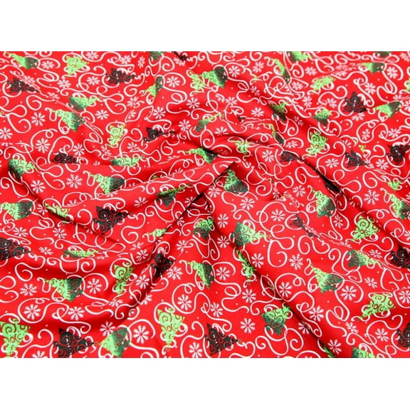 Xmas Trees & Ribbons Christmas Cotton Dress Fabric Red, Green & White - per yard