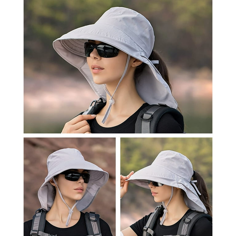 Women Wide Large Brim Sun Hat Bucket Hat Summer Outdoor Fishing Hiking UV  Anti Neck Protection Shawl Visor Cap Ladies Hat Bonnet,Beige 