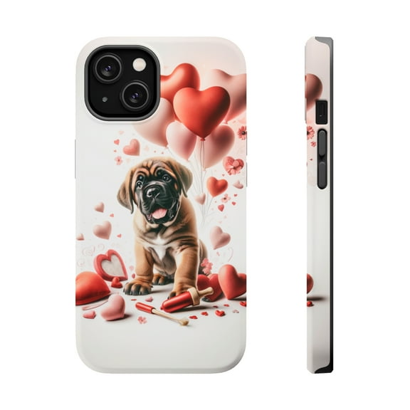 DistinctInk Tough Case for Apple iPhone 13 (6.1" Screen), Compatible with MagSafe Charging - Valentine's Day Bullmastiff Puppy