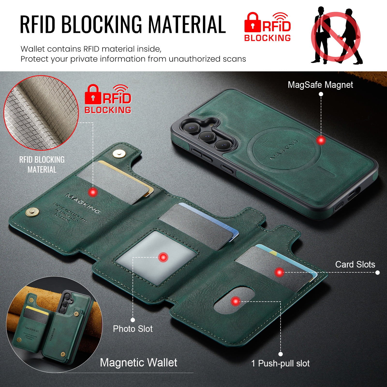 Designed for Samsung Galaxy S25+ Wallet Phone Case,Magnetic Detachable Flip Card Holder,Back Flip Kickstand,Compatible with Mag-Safe,2-in-1 PU Leather Heavy Duty Shockproof Phone Case,Green