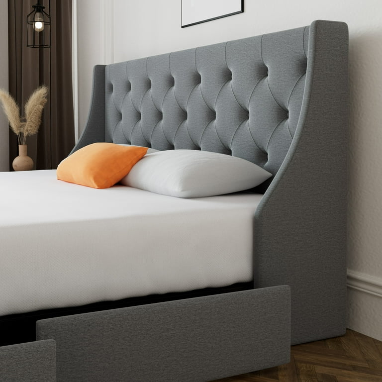 SHA CERLIN Upholstered King Size Platform Bed Frame, Light