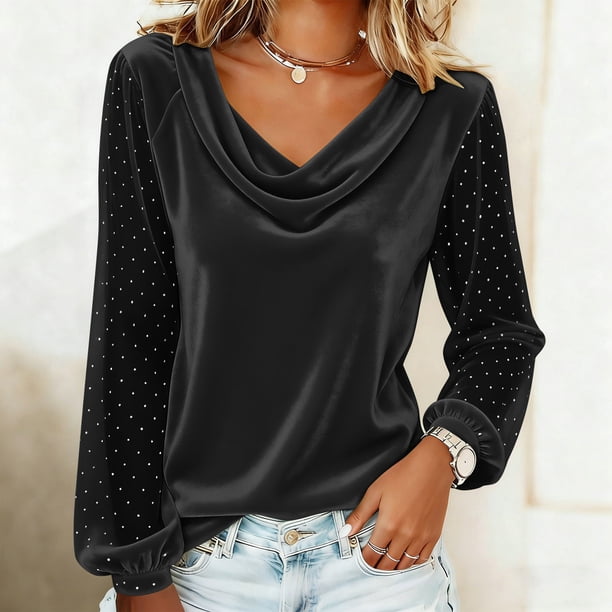 Xuyuer Metallic Velvet Mesh Splicing Top - Women's Solid Color Elegant Long Sleeve Blouse for Evening Gala Events, Holiday Party Glamour & Luxurious Night Out Ensembles