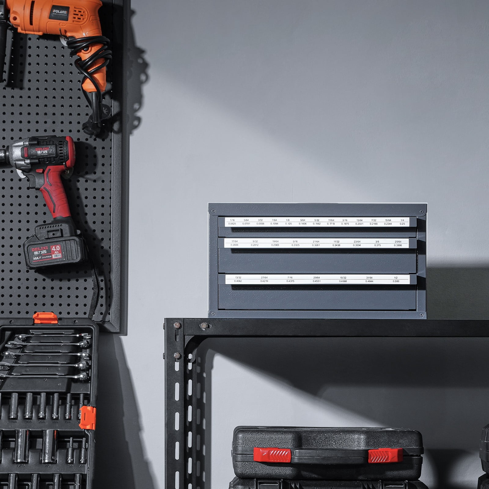 Favory Drill Bit Dispenser Cabinet, Three-Drawer Drill Bit Dispenser, Drill Bit Organizer Cabinet, Drill Dispenser Organizer Cabinet for Jobber Length Fractional Size 1/16" to 1/2"