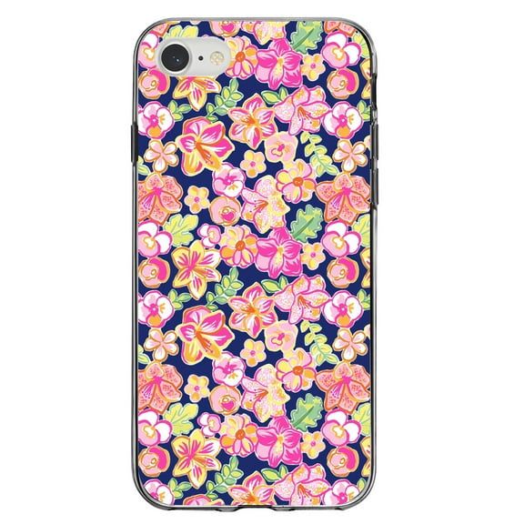 DistinctInk Clear Shockproof Hybrid Case for iPhone 7 8 SE (2020 Model) 4.7" Screen TPU Bumper Acrylic Back Tempered Glass Screen Protector - Preppy Pattern - Pink Green Navy Flowers Floral