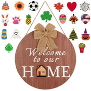 Welcome Sign Wooden Decor Sign Wooden Seasonal Interchangeable Welcome Sign Welcome Door Sign Front Door Sign Wreath Wall Pediments with 20PCS Seasonal Ornaments for Independence Day Holiday Porch