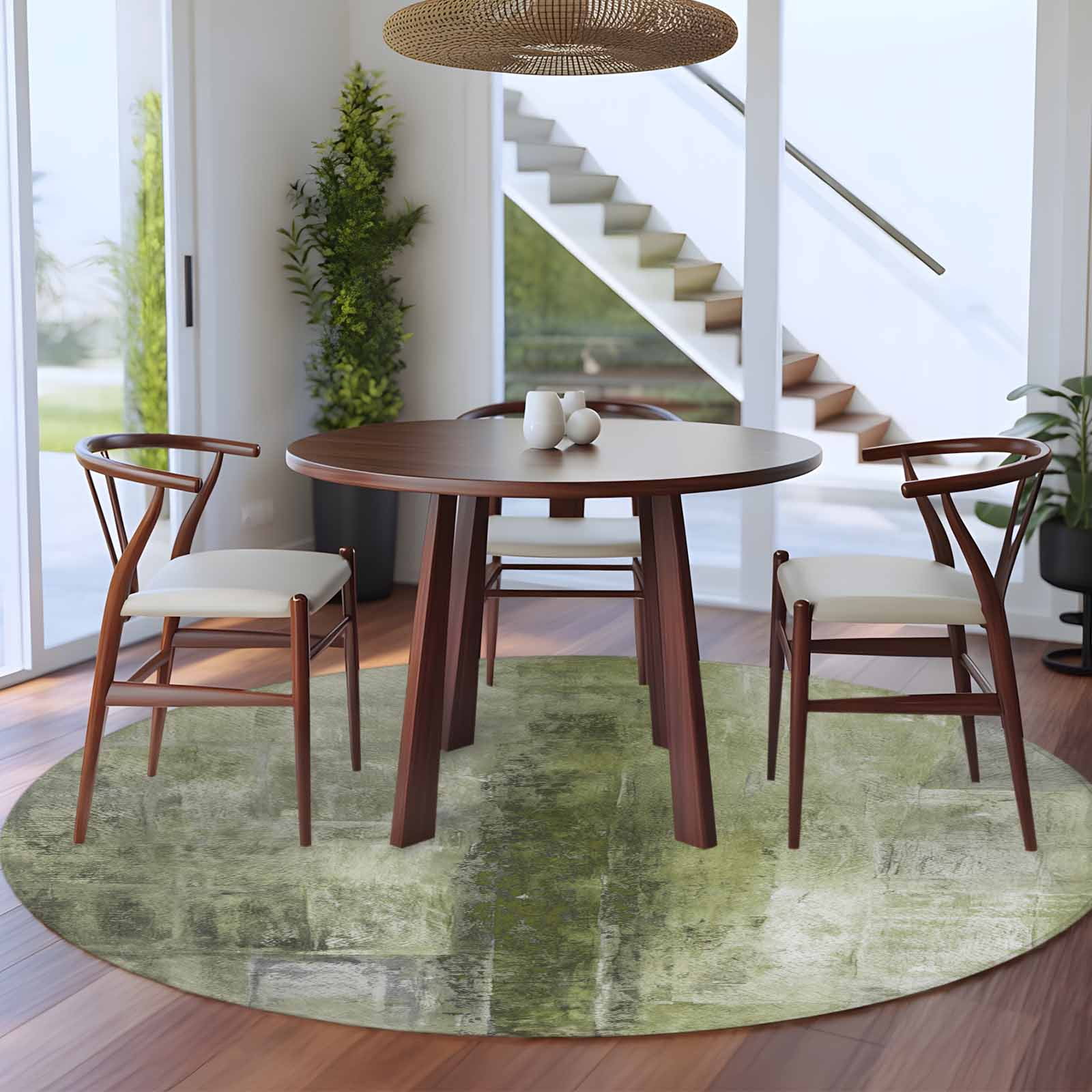 Sage Green Round Area Rug 5 FT, Non Slip Bedroom Area Rug, Retro Oil Painting Modern Abstract Art Aesthetics Washable Soft Circular Carpet Floor Mat for Kitchen Dining Room Foyer Balcony Dorm